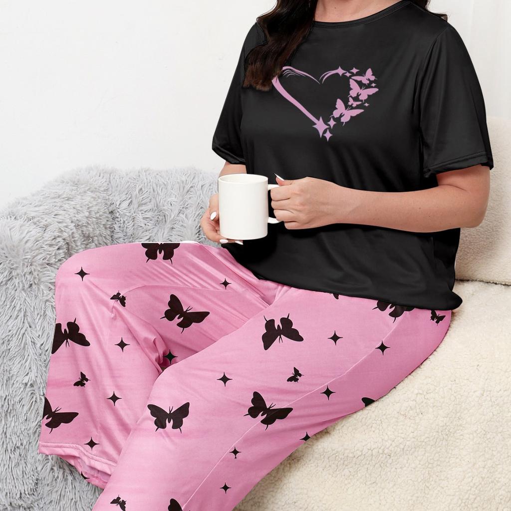 Summer Thin Pajamas Women's Short-sleeved Trousers Suit Plus Size Leisure Loose Round Neck Homewear