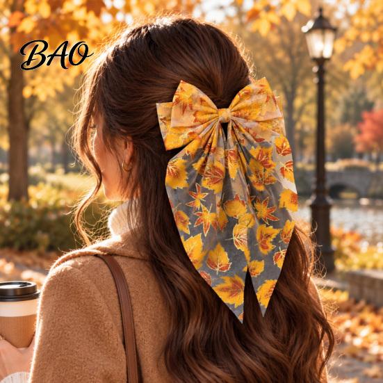 Maple Leaf Ponytail Holder Fall Hair Bows for Women Girls, Autumn Leaves Clips, Large Bowknot Half Tied Styling Tool Barrettes, Gold Hairpin with Long