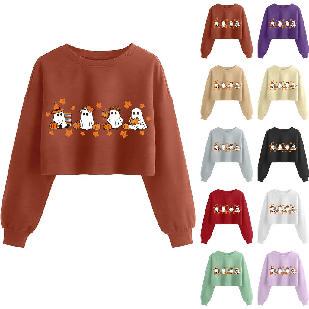 Женский модный пуловер с длинным рукавом и принтом на Хэллоуин, открывающий живот