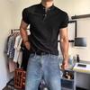 Мужская однотонная футболка-henley с воротником-стойкой, на пуговицах, с коротким рукавом, облегающего кроя, повседневная