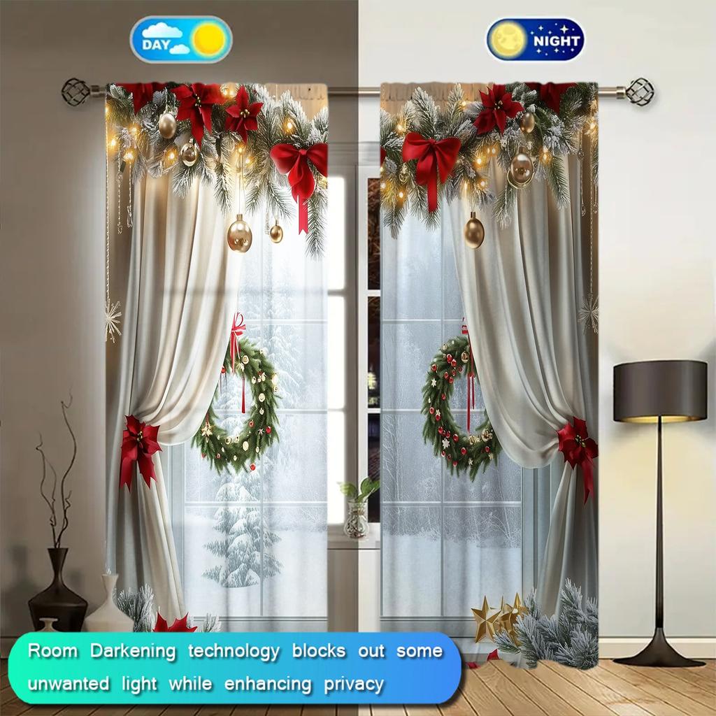 2pcs Windows with A Christm Printed Curtain for Christmas Home Decor - Rod Pocket Window Treatment for Bedroom, Office, Kitchen