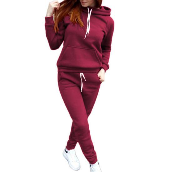 2 Pcs/Set Women Hoodie Pants Suit Solid Color Plush Long Sleeves Thick