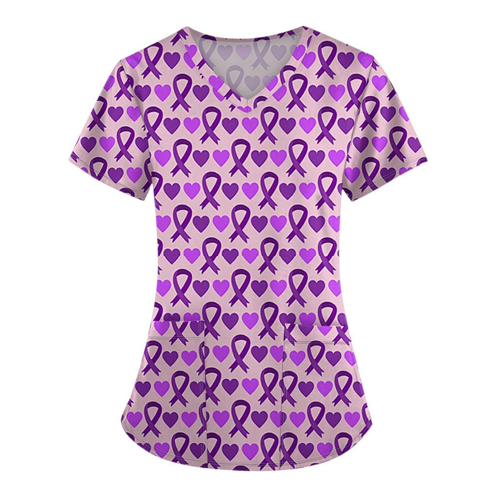 Женская модная рабочая одежда с v-образным вырезом и коротким рукавом с карманной футболкой с принтом.