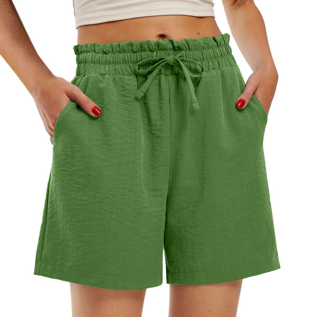 Women's Fashion Loose High Waist Drawstring Solid Color Small Pocket Casual Shorts