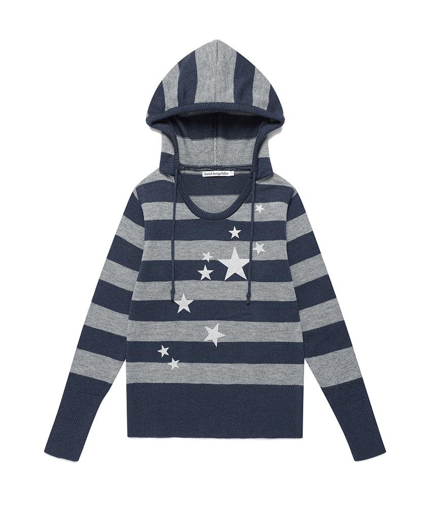 CAVISH W U Neck Striped Star Knit Hoodie Navy(Cv2Fffk601A)