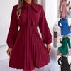 Stand Collar Solid Color Lace Up Dress High Waist Elegant  Pleated Dress for Women Long Sleeve Loose Dresses Causal Dress