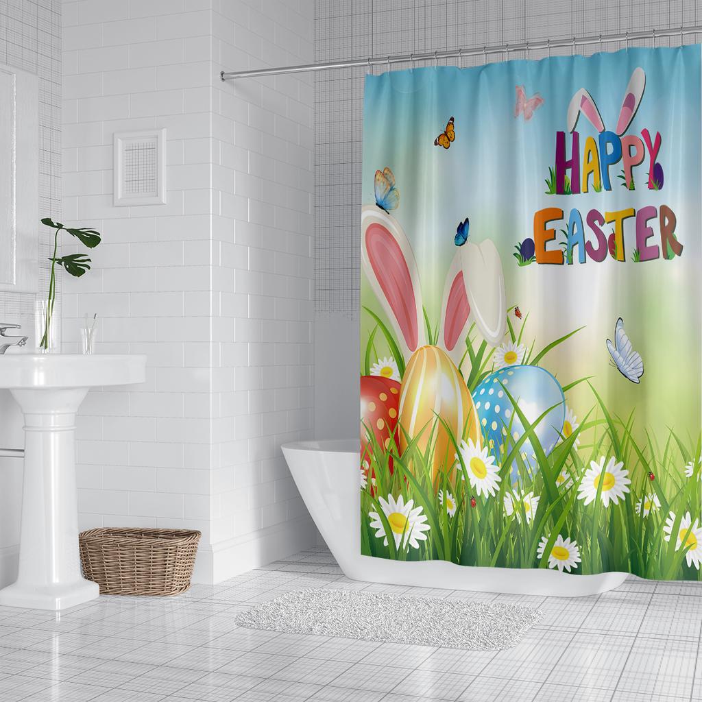 1PC Easter Bunny Easter Egg Decoration Shower Curtain, Playful rabbit theme With 12 hooks,Spring Holiday Bathroom Decoration