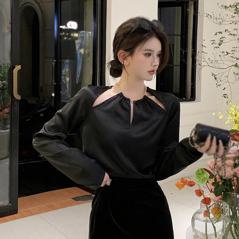 Атласные блузки с длинными рукавами для женщин, женские рубашки с открытой лямкой и круглым вырезом, однотонный пуловер, топ Blusas