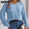 Women's Fashion Casual Solid Color Autumn Winter Long Sleeve Round Neck Loose Twist Patchwork Lantern Sleeve Pullover Sweater