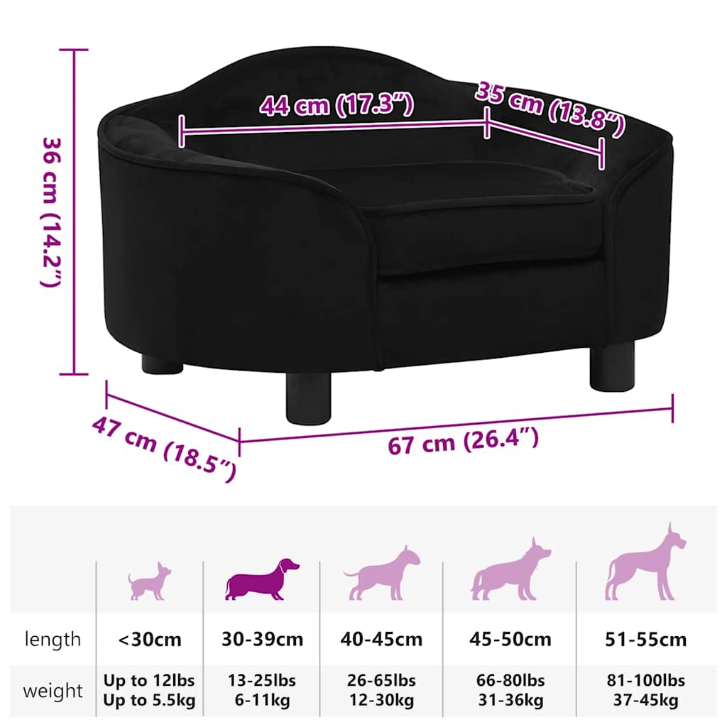 Dog Sofa Black 67x47x36 cm Plush