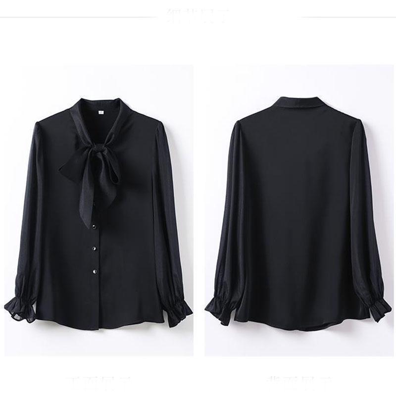 Летняя модная туника, женская блузка, футболки с длинным рукавом, бантом, шифоновым v-образным вырезом, официальные женские белые, черные рубашки, пуловер