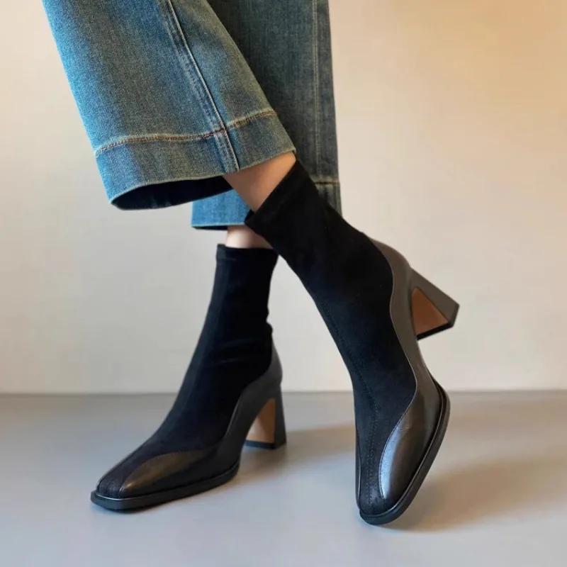 Fashion 2024 Hot Sale Shoes Female Mid-Calf Women's Boots Concise Modern Boots Women Sewing Square Toe Med Heel Slip On Shoes Women