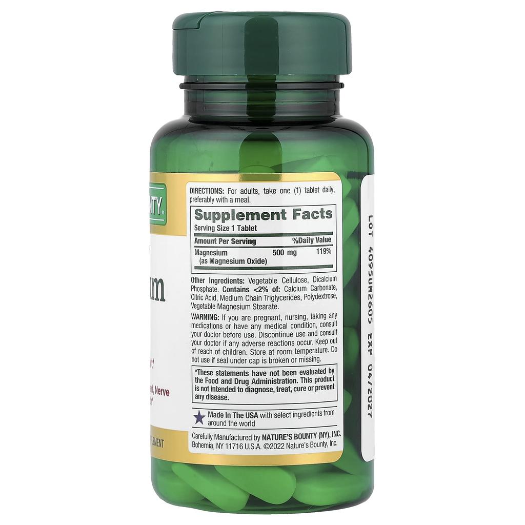 Nature'S Bounty, Magnesium, High Potency, 500Mg, Coated Tablets, 100 Tablets