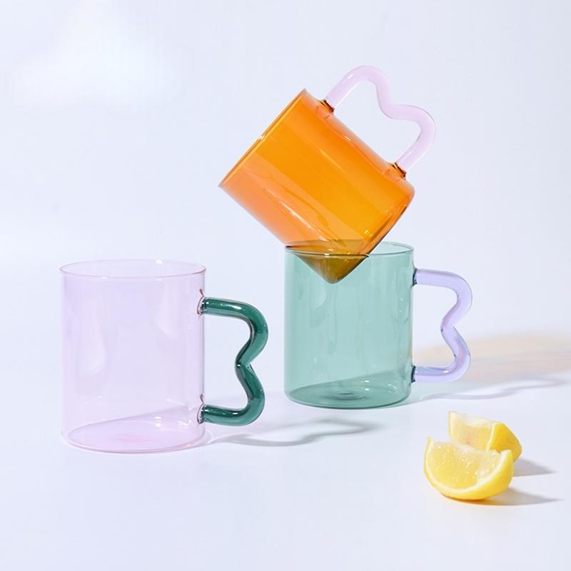 Colored Glass Cup with Wave Handle Coffee Breakfast Cup Large Capacity Milk Cup Microwaveable Cross-border