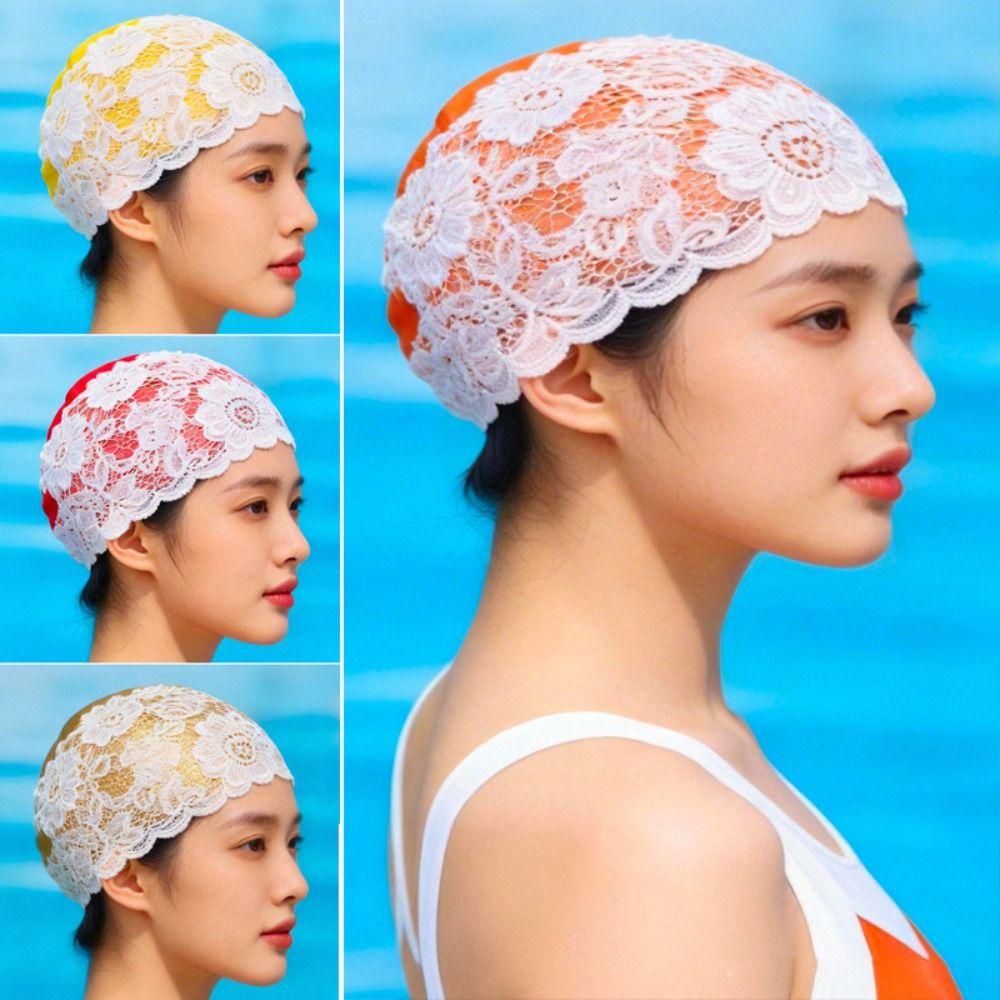 Lace Swimming Cap PU Ear Protect Cap Fashion look Waterproof Swim Hat Daily