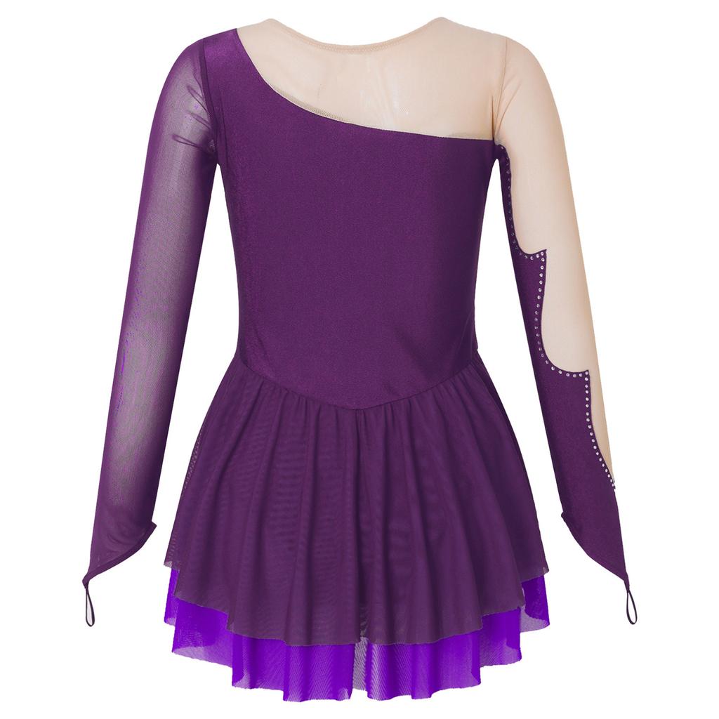 Детское платье с длинными рукавами и стразами для девочек, платье для фигурного катания на коньках, прозрачное сетчатое платье с замочной скважиной на спине, танцевальное трико, одежда для танцев