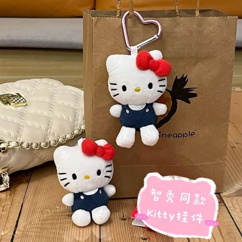 Hello Kitty Plush Doll Keychain Cute Overalls Bag Pendant Soft Stuffed Animal Cartoon Charm Ornament Fashion Accessory Gift