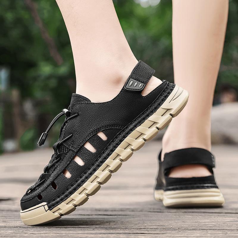 Мужские Сандалии Новые Эластичная Резинка Кожаные Перфорированные Дышащие Удобные Легкие Летние Уличные Пляжные Сандалии для Подростка