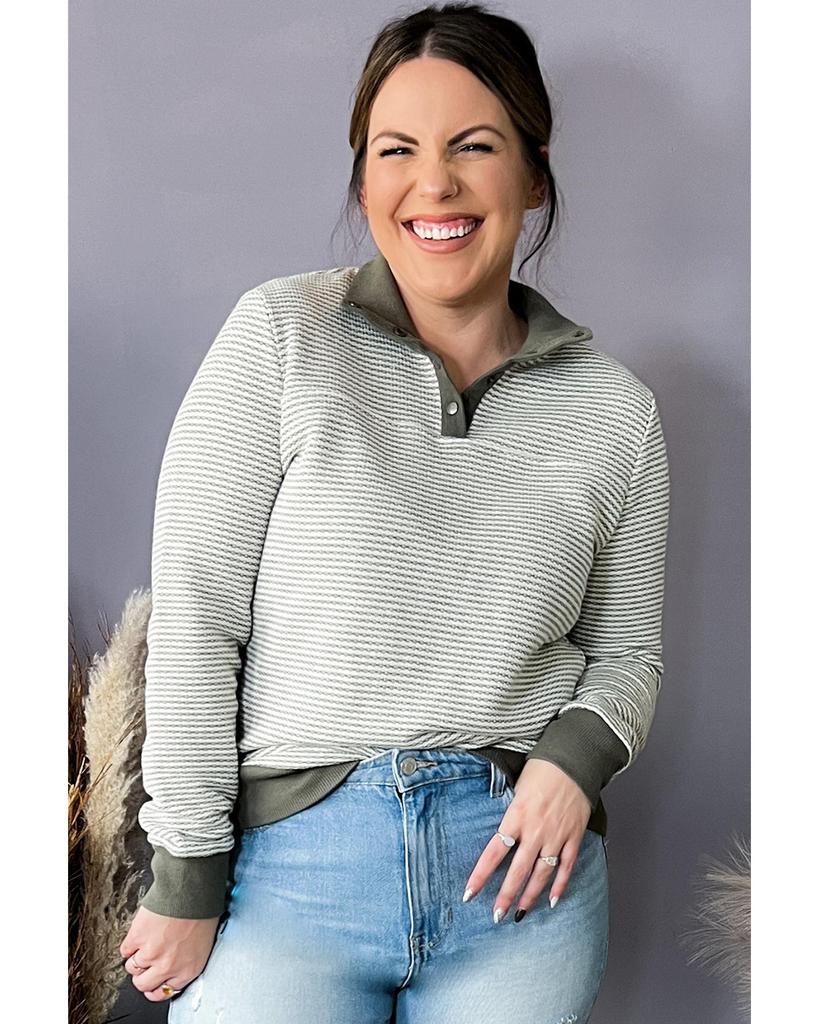 Azura Exchange Green Striped Contrasting Trim Plus Size Henley Pullover