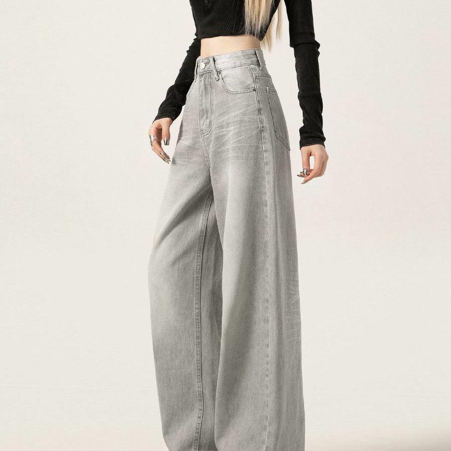 Women's Plus Size Light Gray Wide-Leg High Waist Jeans - Slimming, Loose Fit for Spring & Autumn