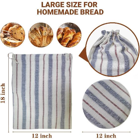 Reble Bread Bags for Homemade Sourdough Bread with Bowl Cover, 12"x18" Large Organic Linen Sourdough Bread Bags, Easy to Clean (Blue-Red stripe)