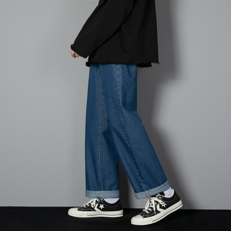 Корейские мужские повседневные длинные джинсы Классические мужские прямые джинсовые широкие брюки Сплошной цвет Голубой Серый Черный