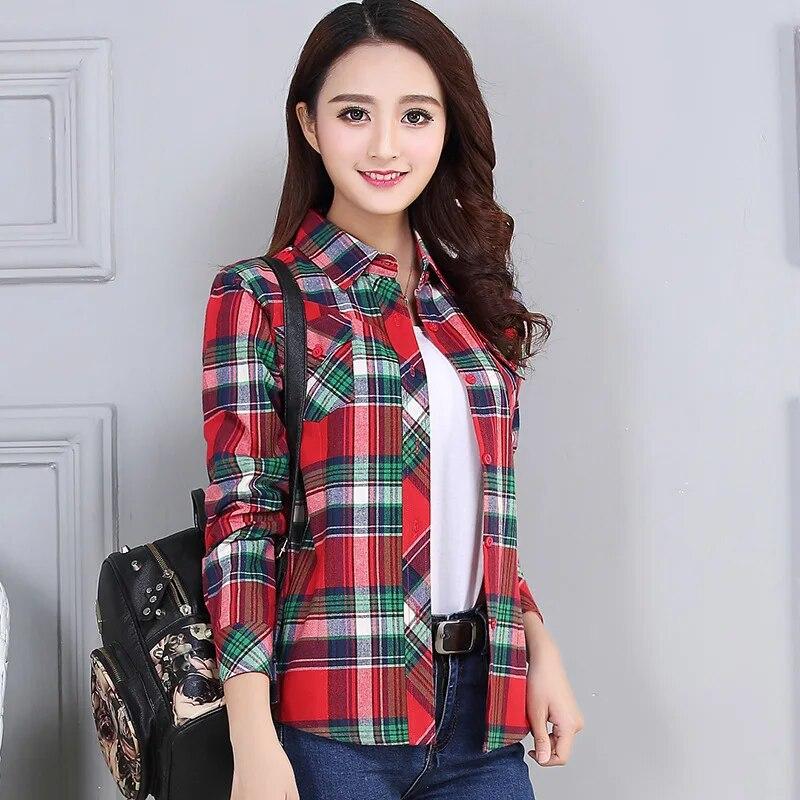 Women's Spring and Autumn Plaid Shirt Casual Long Sleeve Pocket Cotton Shirt