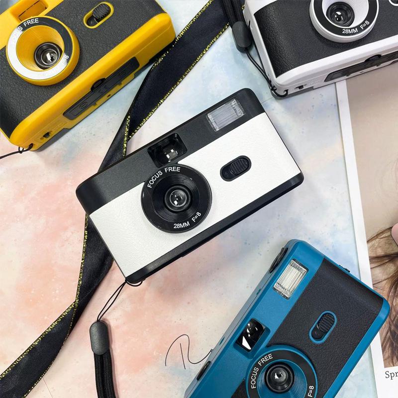 Ретро пленочный фотоаппарат W35 с черной кожей, перезаряжаемый - Синяя отделка