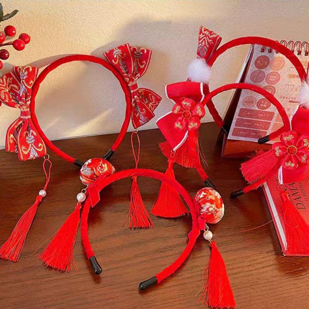 Tassel Chinese New Year Headwear Plush Ball Red Hairband Sweet Hanfu Hair Bun Hair Hoop Children