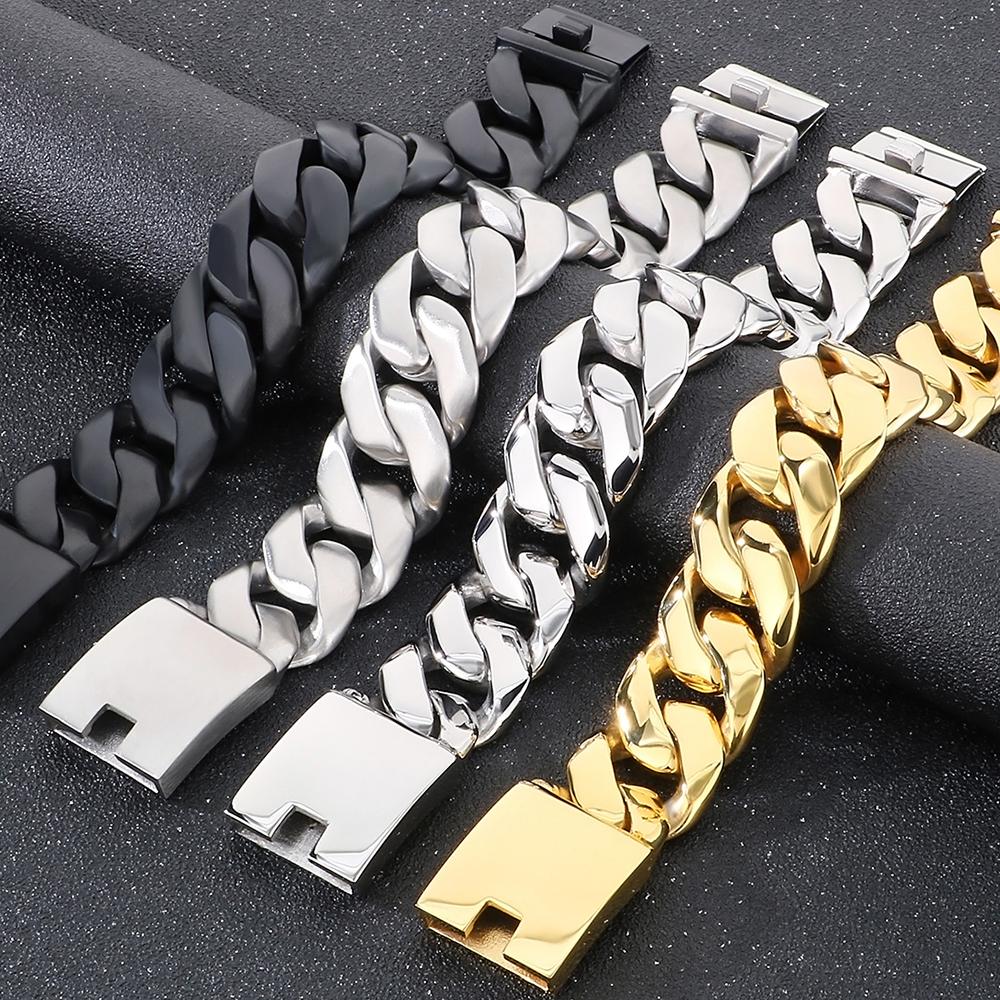 22/60CM 24MM Cuban Chain Bracelet Necklace For Men Hip-Hop Cool Black Gold Color Stainless Steel Necklaces Jewellery Accessories