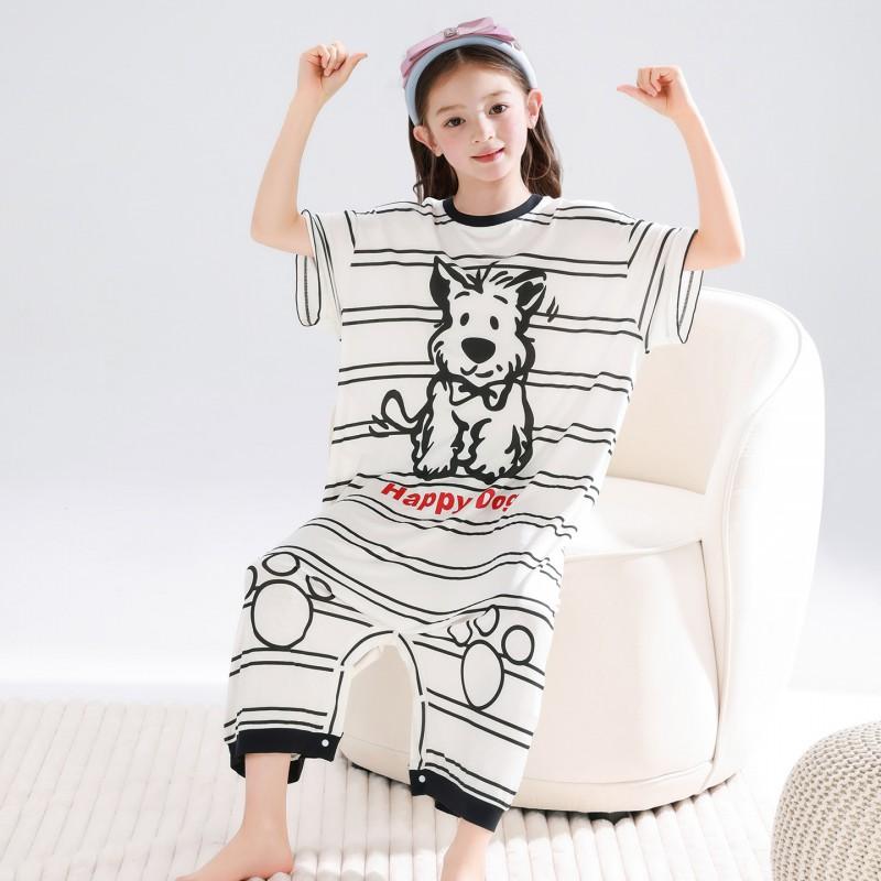 Girls Short Sleeve Cartoon Print Romper Pajamas Soft Modal Sleepwear Home Comfort