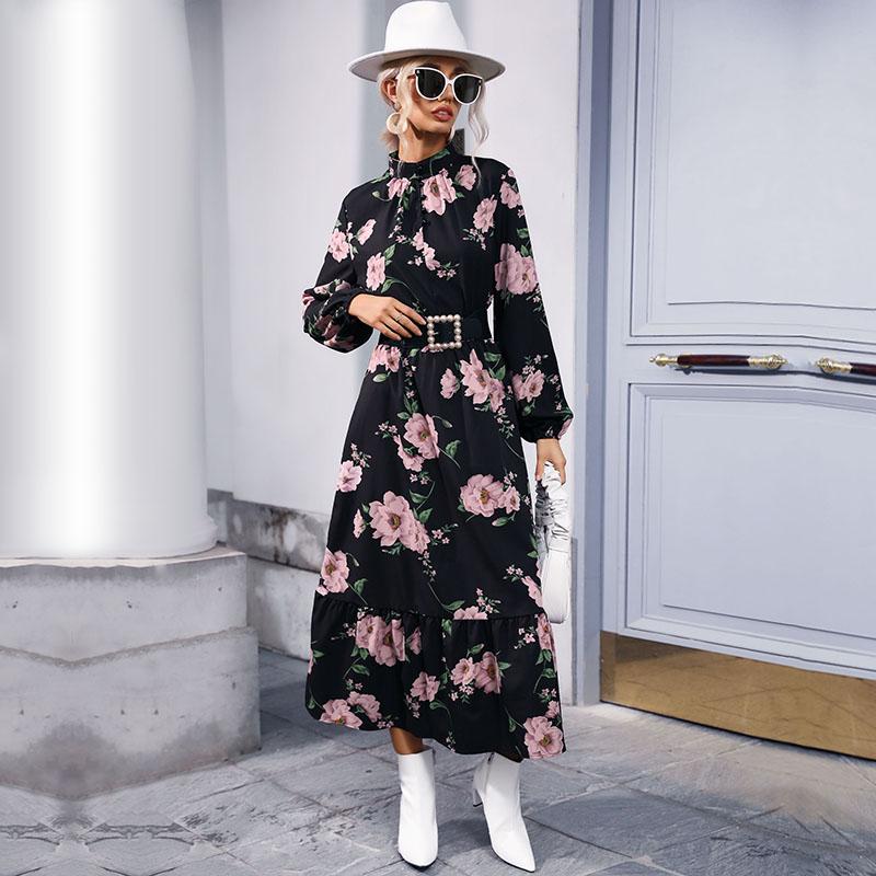 YYFS Women's Fashion Flower Pattern Print Long Sleeve High Neck High Waist Casual Dresses