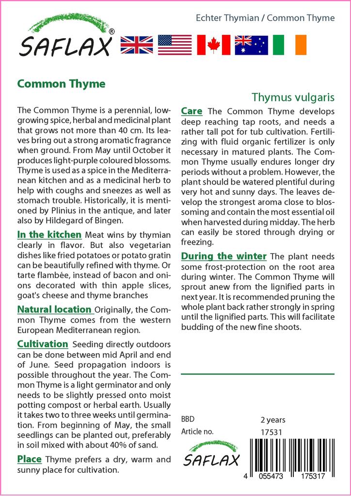 SAFLAX Garden in the Bag - Тимьян обыкновенный - 200 семян - С субстратом в подходящем стоячем пакете - Тимьян обыкновенный