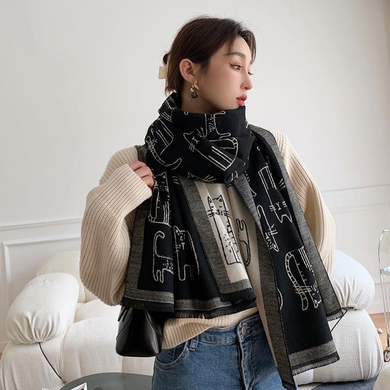 New Thick Fringed Scarf Female Cat Print Imitation Cashmere Summer Air Conditioner Shawl Autumn and Winter Cold Scarf
