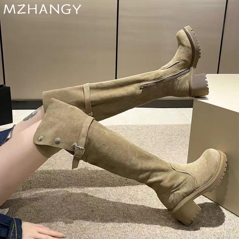 Модные женские замшевые ботфорты на толстом высоком каблуке, обувь выше колена, женский тренд 2025, зимние дизайнерские новые модные сапоги для снега Mujer Botas