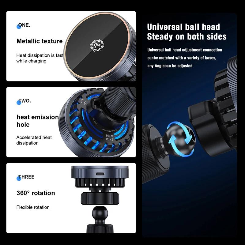 Автомобильное охлаждающее магнитное беспроводное зарядное устройство qi2 с вращением на 360° для быстрой зарядки iPhone 16 15 14 13 12 Pro Max