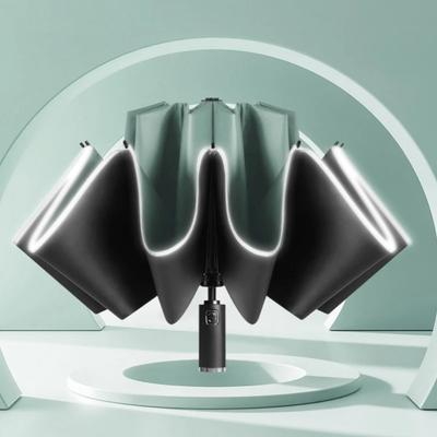 Зонт-перевертыш со светодиодной подсветкой, полностью автоматический, со светоотражающими полосами, ветрозащитный солнцезащитный экран для улицы, трехскладной зонт