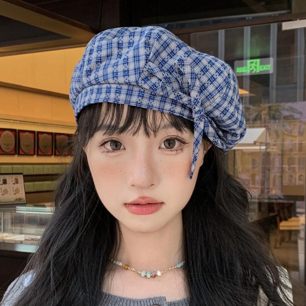 Кепка-берет в клетку в корейском стиле с бантом, женская восьмиугольная кепка, крутая женская шляпа художника, для улицы