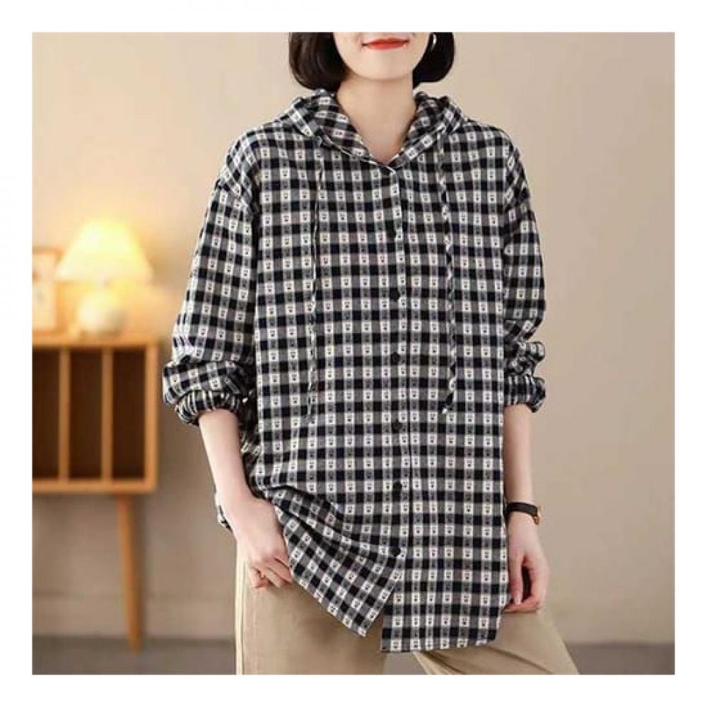 Navava Long Sleeve Hooded Shirt Retro Casual Check Nb1959