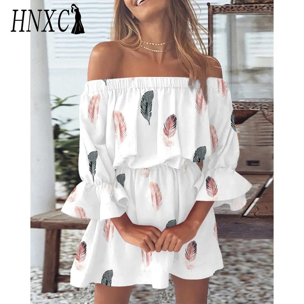 HNXC Женское мини-платье с цветочным принтом Летнее сексуальное с открытыми плечами и рукавами-фонариками Платье-туника Женское повседневное бохо пляжное платье