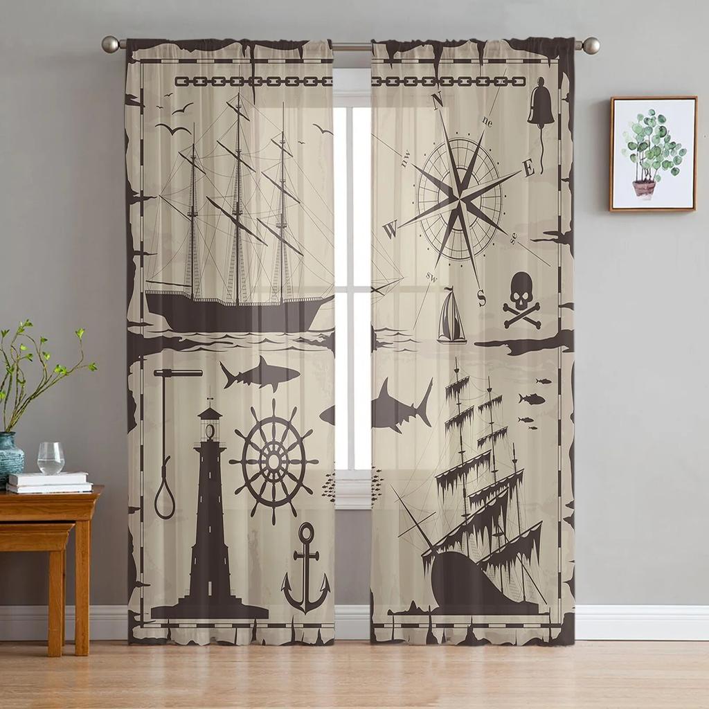 Marine Elements Lighthouse Vessel Sheer Curtains for Living Room Modern Voile Curtain Bedroom Tulle Curtains Window Drapes Decor