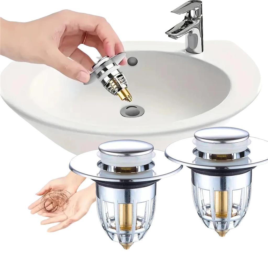 Universal Rebound Drain Plug Filter Basin Pop-up Chrome Sink Filter with Hair Catcher Bathroom Sink Drain Stopper Easy Push Type