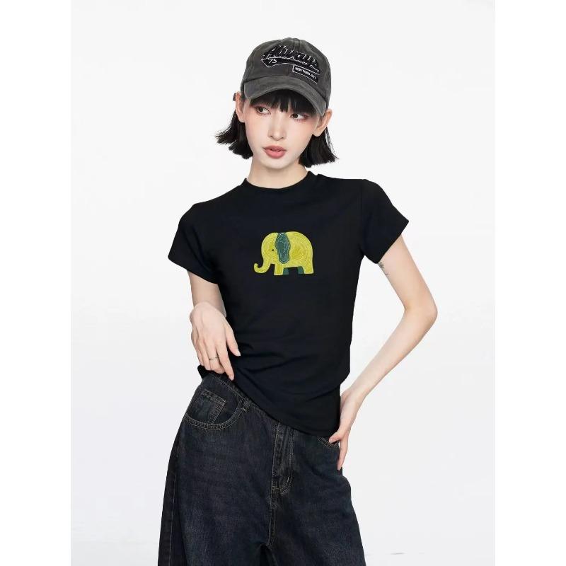 Women Cute Line Texture Elephant Graphic Crew Neck Slim Fit Short Sleeve T-shirt