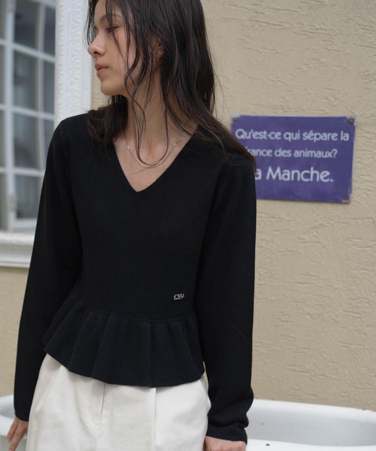 DEHEVE V-Neck Flare Shirring Knit [Black]