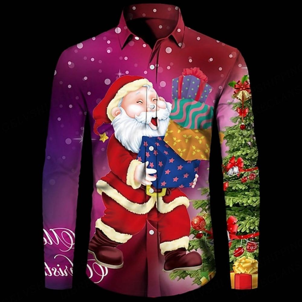 Men Long Sleeve Shirt X‑mas Tree Firework Night‑snow Scene Print Turn‑down Collar Button‑up Casual Holiday Party Top