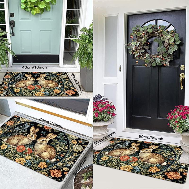 VIKAMA Vintage Floral Rabbit Doormat Indoor/Outdoor Area Rug Soft Non-Slip Living Room & Balcony Mat Home Decor