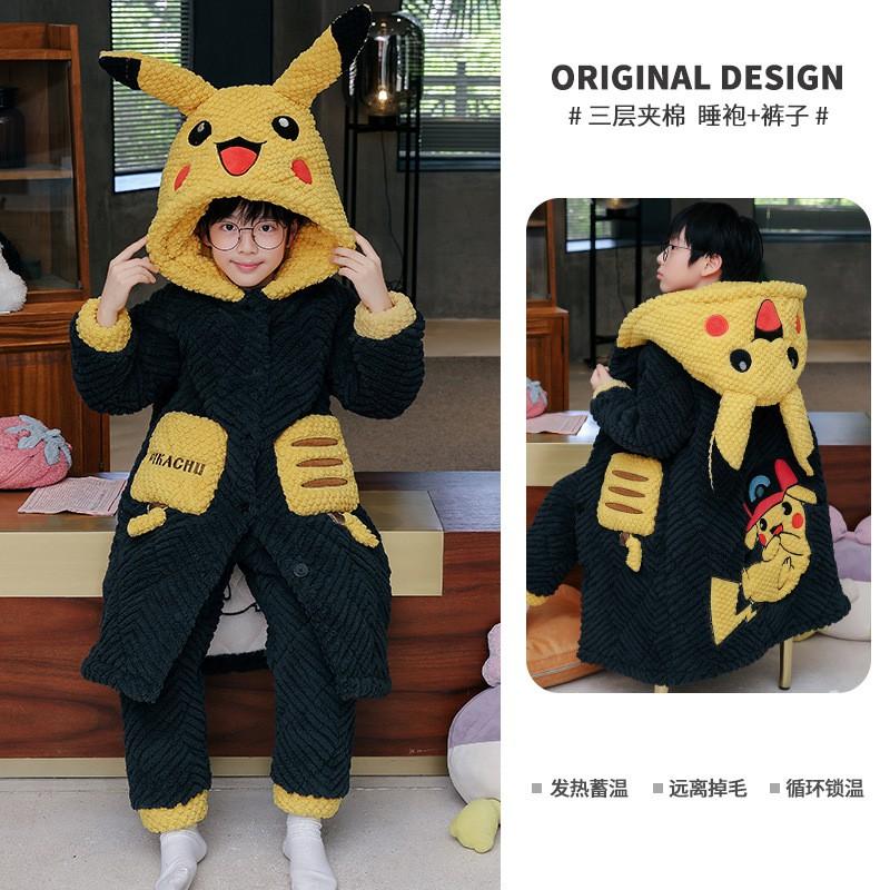 Kids Winter Warm Flannel Pajama Set With 3-Layer Cotton Padding Cartoon Print Long Sleeve Sleepwear Boys