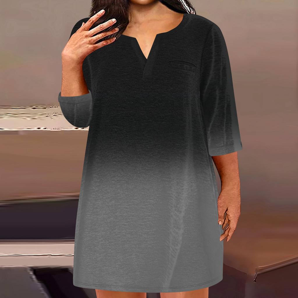 Women's Fashion Plus Size V-Neck Seven Sleeve Casual Printed Loose With Pockets Dresses