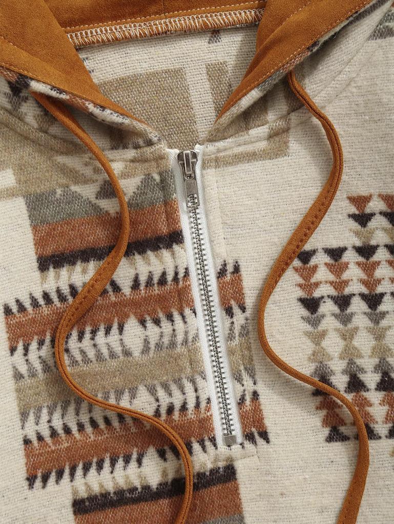 ZAFUL Мужская толстовка с капюшоном с цветными блоками, этническим геометрическим принтом, карманом-кенгуру на молнии на четверть часа