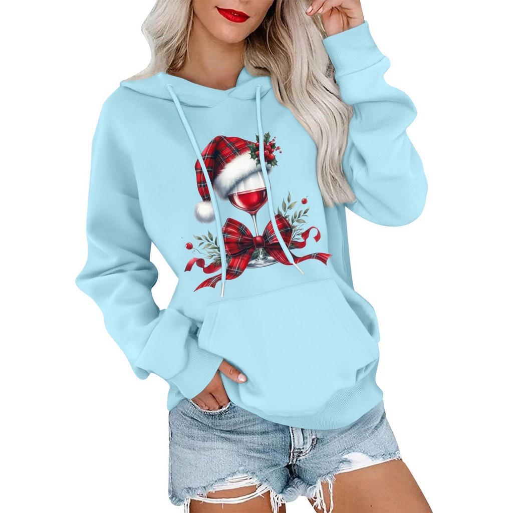 Women's Casual Comfortable Neck Hooded Long Sleeve Christmas Print Warm Sweatshirt